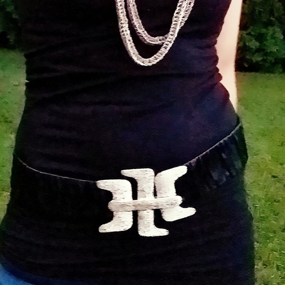 Vintage 1970s Black Leather Statement Stretch Belt - Picture 4 of 4